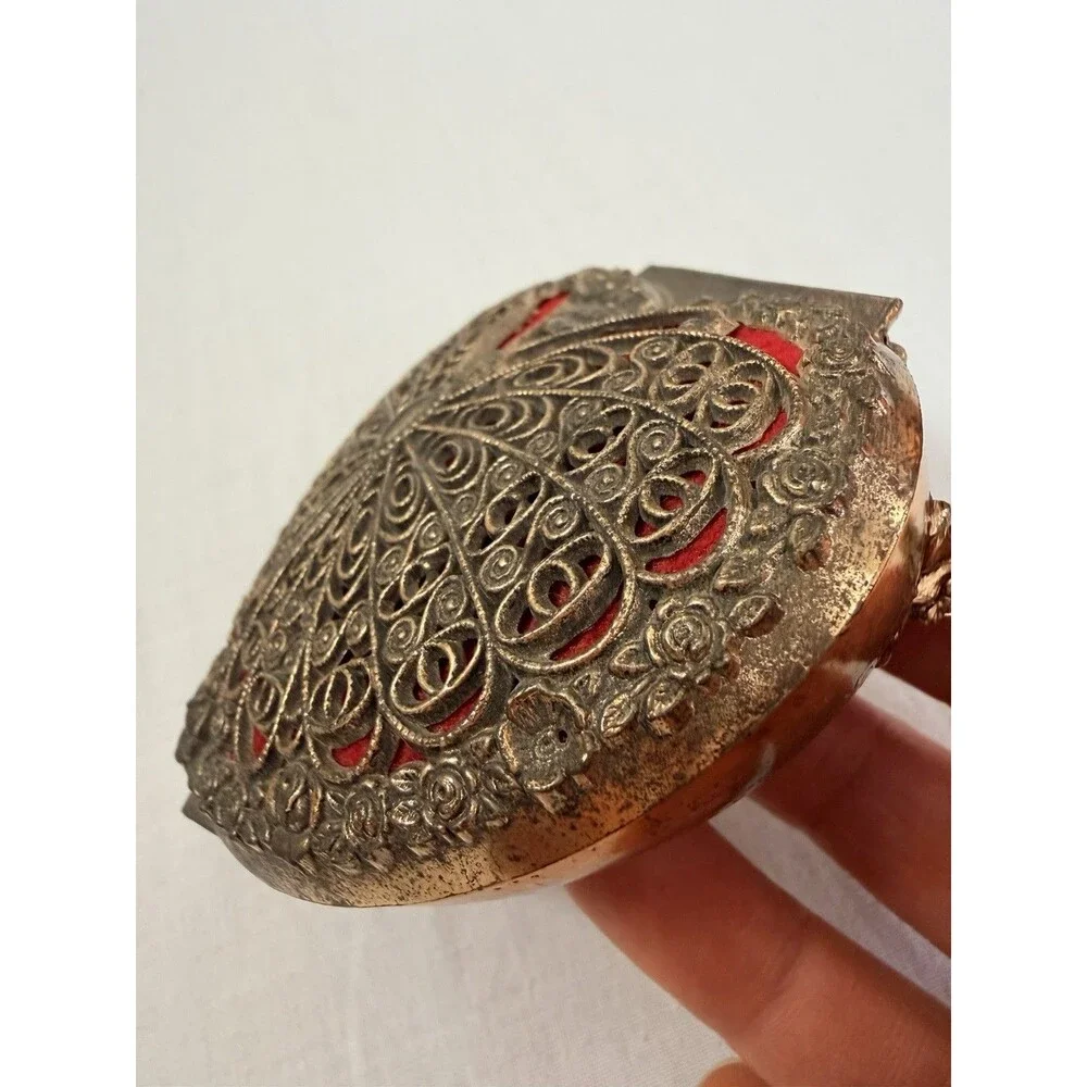 Vintage Gold Tone Filigree Butterfly Heart Trinket Box Red Velvet Cottagecore